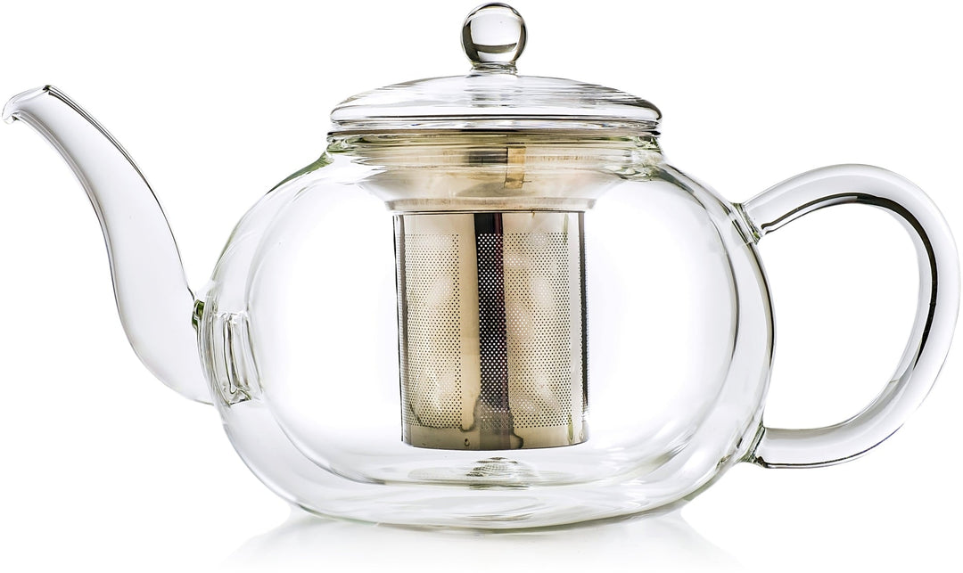 Doppelwandige Glas - Teekanne mit Edelstahlfilter "bauchig" 1,2 Liter