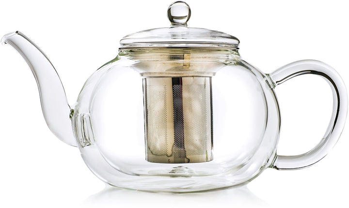 Doppelwandige Glas - Teekanne mit Edelstahlfilter "bauchig" 1,2 Liter