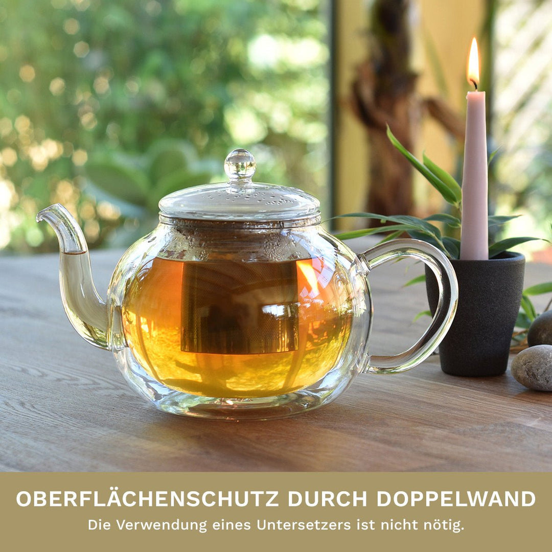 Doppelwandige Glas - Teekanne mit Edelstahlfilter "bauchig" 1,2 Liter
