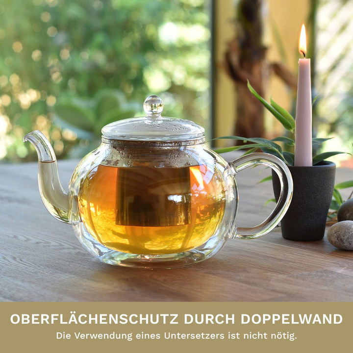 Doppelwandige Glas - Teekanne mit Edelstahlfilter "bauchig" 1,2 Liter