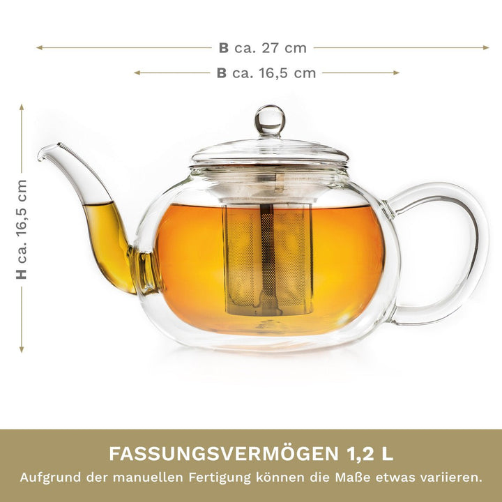 Doppelwandige Glas - Teekanne mit Edelstahlfilter "bauchig" 1,2 Liter