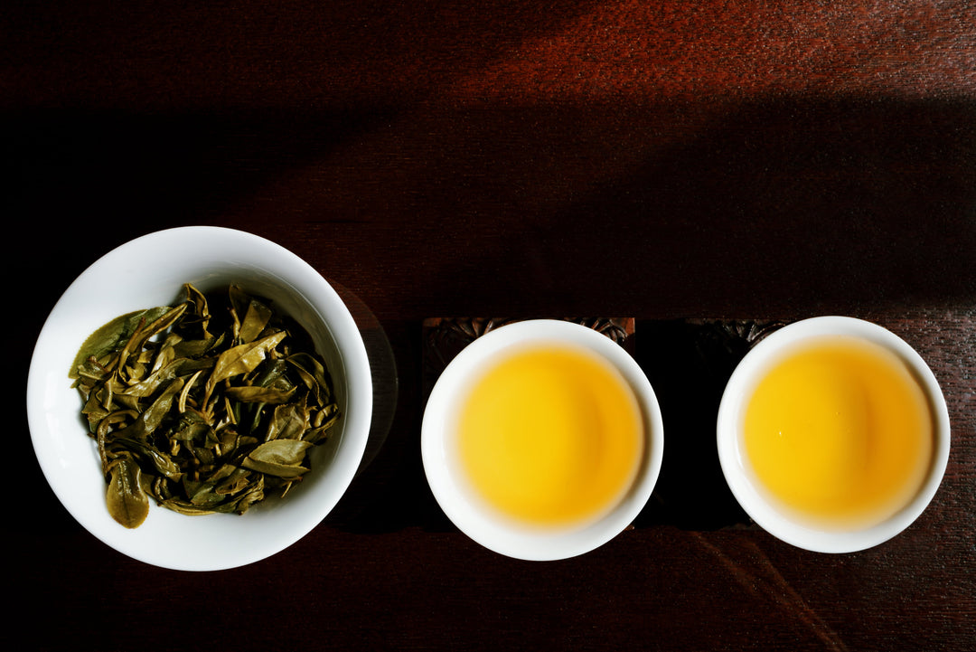 Gelber Tee, aufgebrüht in 2 Tassen in einer Tasse die Infusion